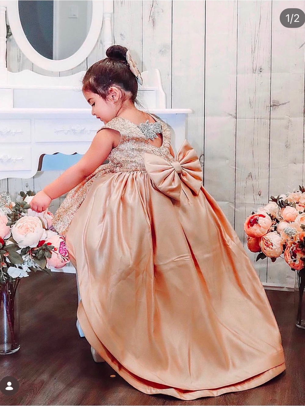 Girls' Champagne Satin Ball Gown with Back Bow
